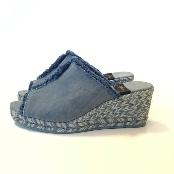 Giamo Denim Chambray Wedge Espadrille Sandals Womens 39 9 Blue Fringe Open Toe - Picture 6 of 11